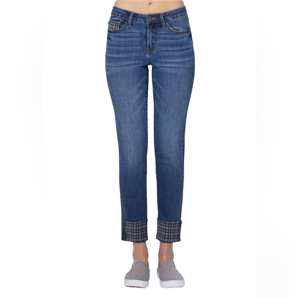 JUDY BLUE Grey Plaid Cuff Slim Fit Jeans Denim Blue Jeans Plus Size 24W